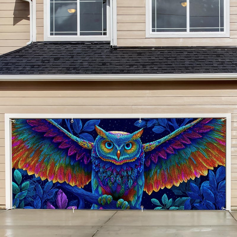 THISFIND Colorful Owl Garage Door Banner – Vibrant Night Sky Design with Multicolor Feathers for Outdoor Wall & Home Decor - Image 1